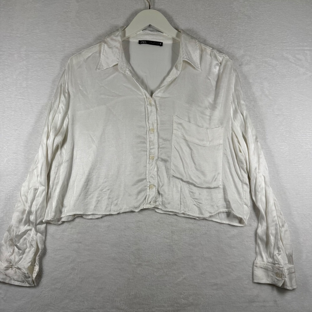 Zara Womens White Satin Cropped Button Down Long Sleeve Shirt Size M Pocket